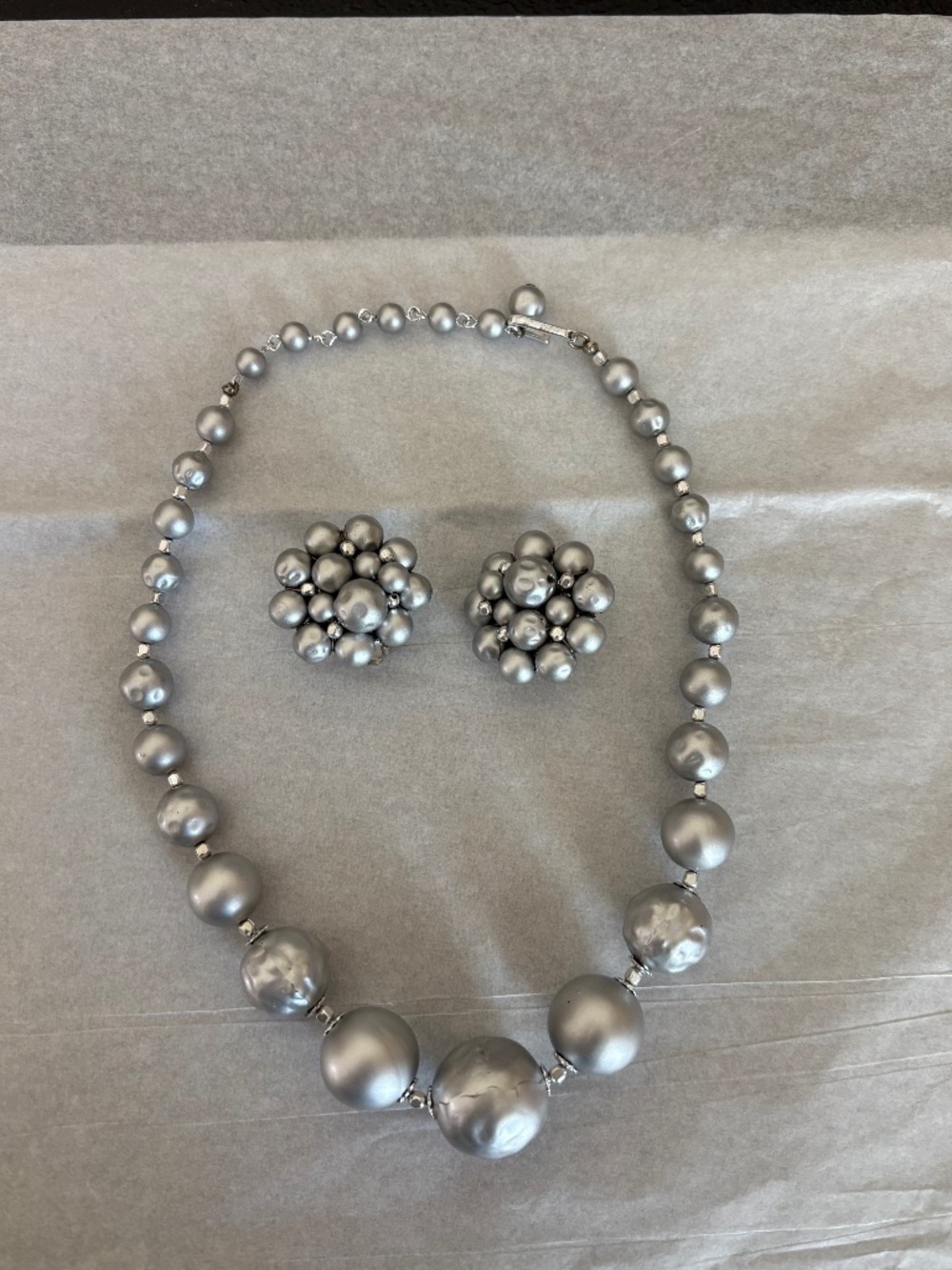 Share Vintage Japan Brushed Silver Tone Faux Pearl Necklace w/Matching Clip Earr
